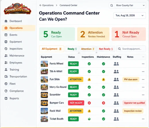 ShowmensInfo Operations Command Center showing ready, attention, and not ready equipment