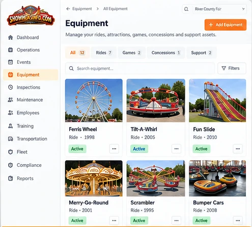 ShowmensInfo equipment records with ride photos, details, and current status