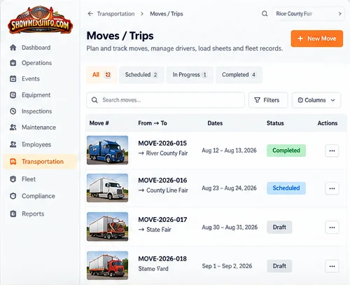 ShowmensInfo transportation moves and trips with assigned equipment and status